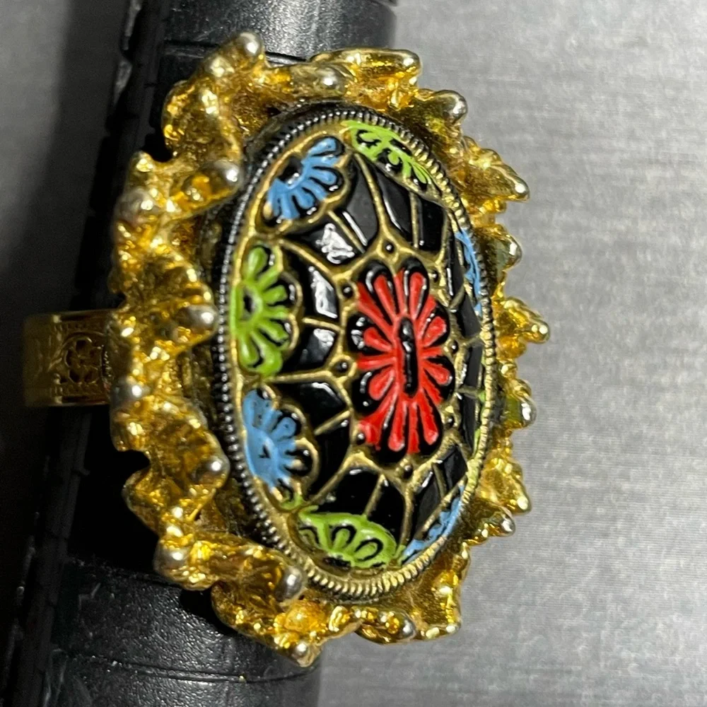 Moroccan Glass Lg Cabochon Gold Tone Leaves Vintage Adjustable Ring Sz 7 - Picture 10 of 12